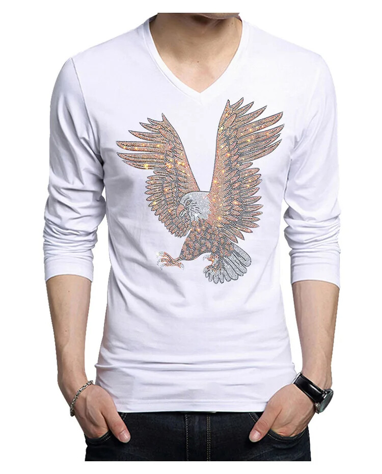 Fashion Trend Eagle Rhinestones Streetwear Long Sleeve Luxury Men V-Neck T-Shirt