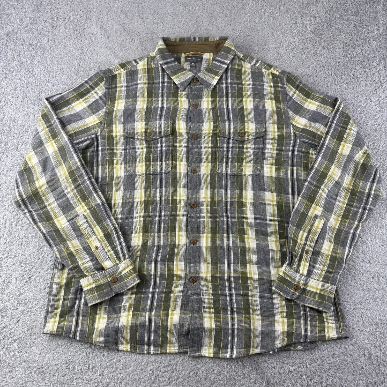 LL Bean Signature Shirt Mens 2XL Gray Green Plaid Flannel Slim Fit Heritage