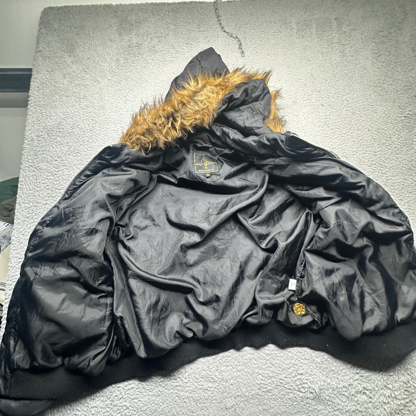 Vintage Baby Phat Puffer Bomber Jacket Women 3X Plus Faux Fur Trim Hooded Black