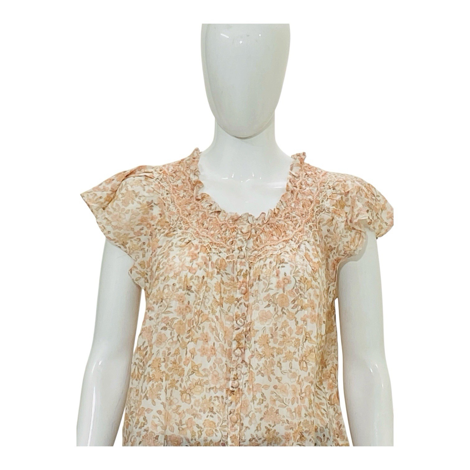 LoveShackFancy Floral Printed Smocked Embroidered Cotton Blouse Tunic Top L