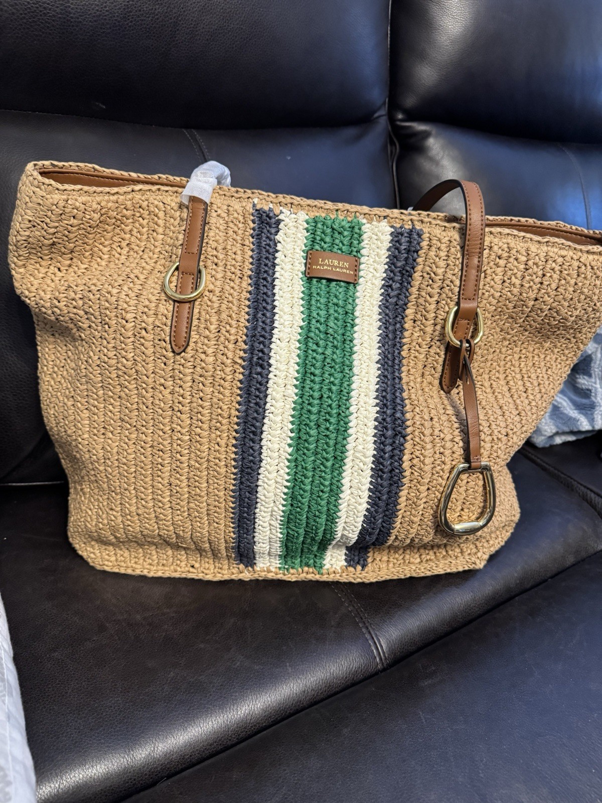 Lauren Ralph Lauren Large Striped Tote Tan/Green/White/Navy Brown Strap Lined
