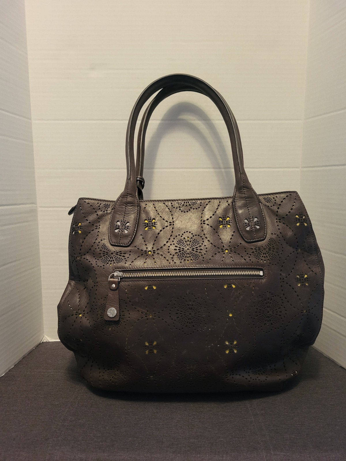 Petunia Pickle Bottom Brown Leather And Sepia Tote Handbag Purse Cutout Floral