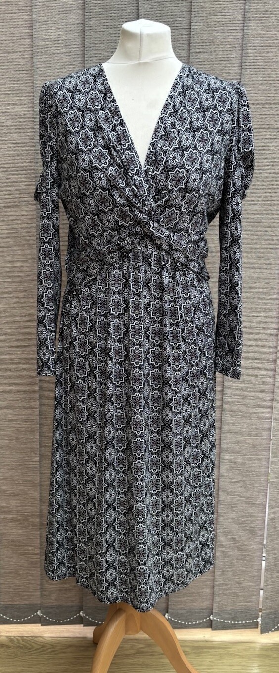 Jolie Moi Midi Dress Size 12 Faux Wrap Jersey Stretch Geo Print Puff Sleeves