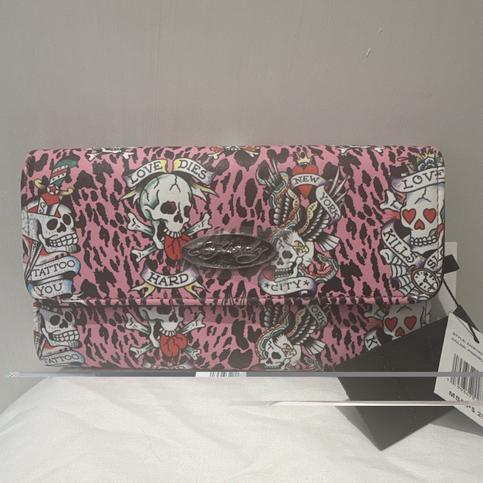 Ed Hardy Women’s Pink/Black Skull Tattoo Print Flap Wallet Folding Credit Card