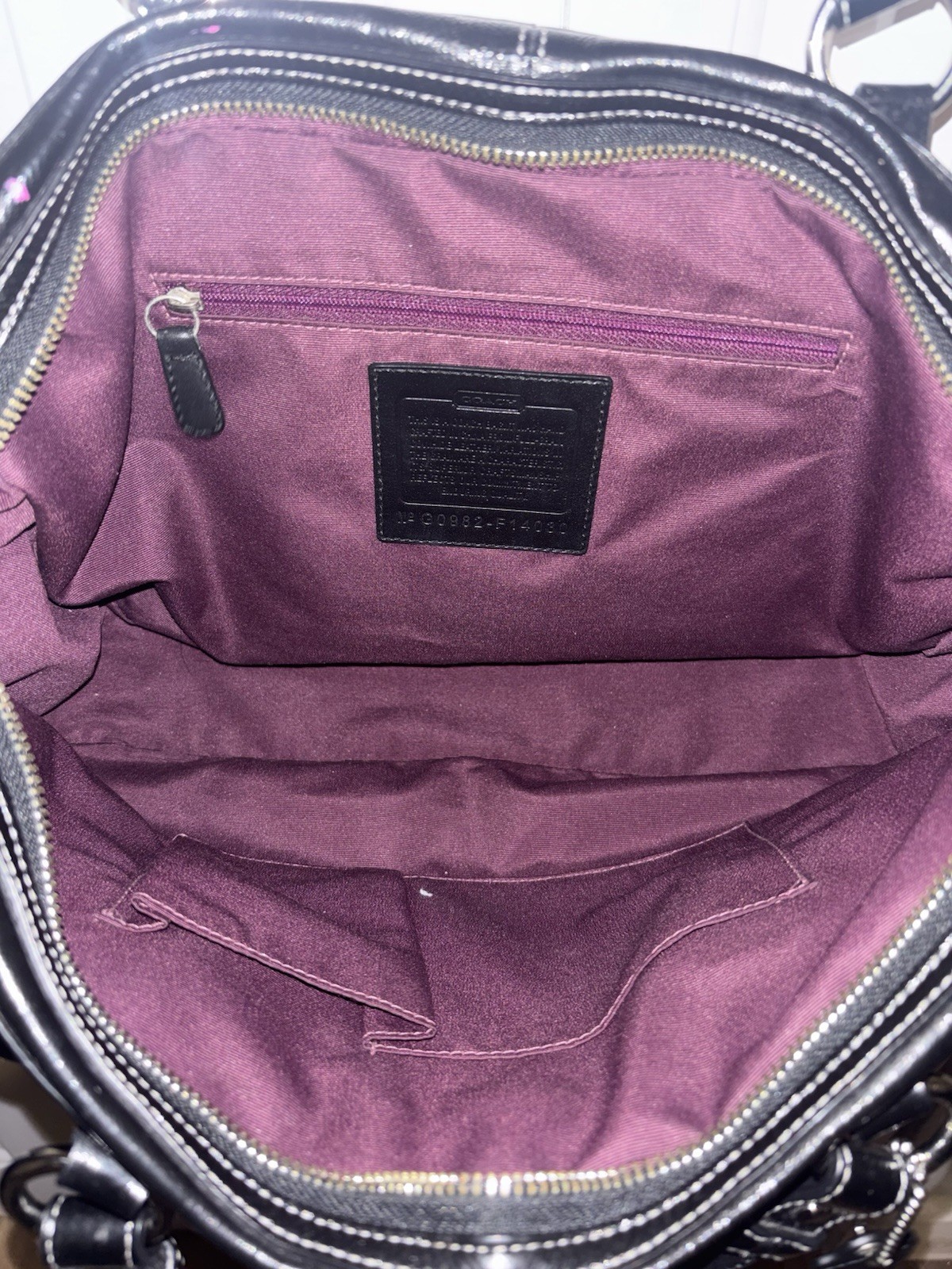 Coach Hampton Patent Black Satchel Top Handle Bag Purple Lining Pockets