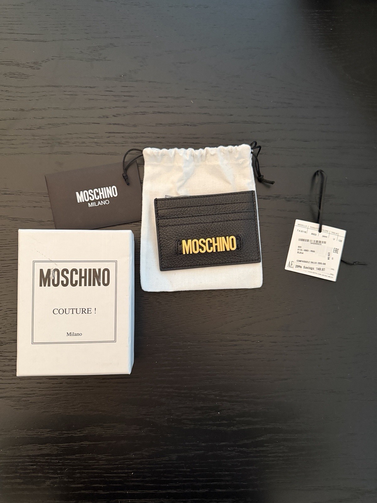 Moschino Couture Logo Card Case Wallet Black Leather NWT