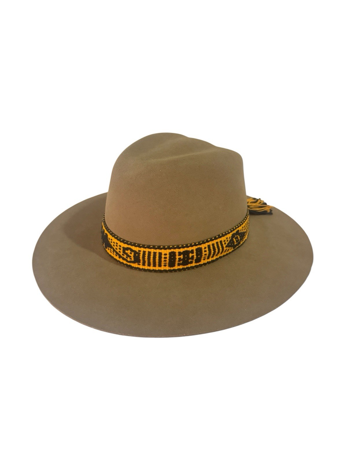 LELÚ Wide Brim Fedora Hat Solid Brown Yellow/Black Band Tassel Unisex 57