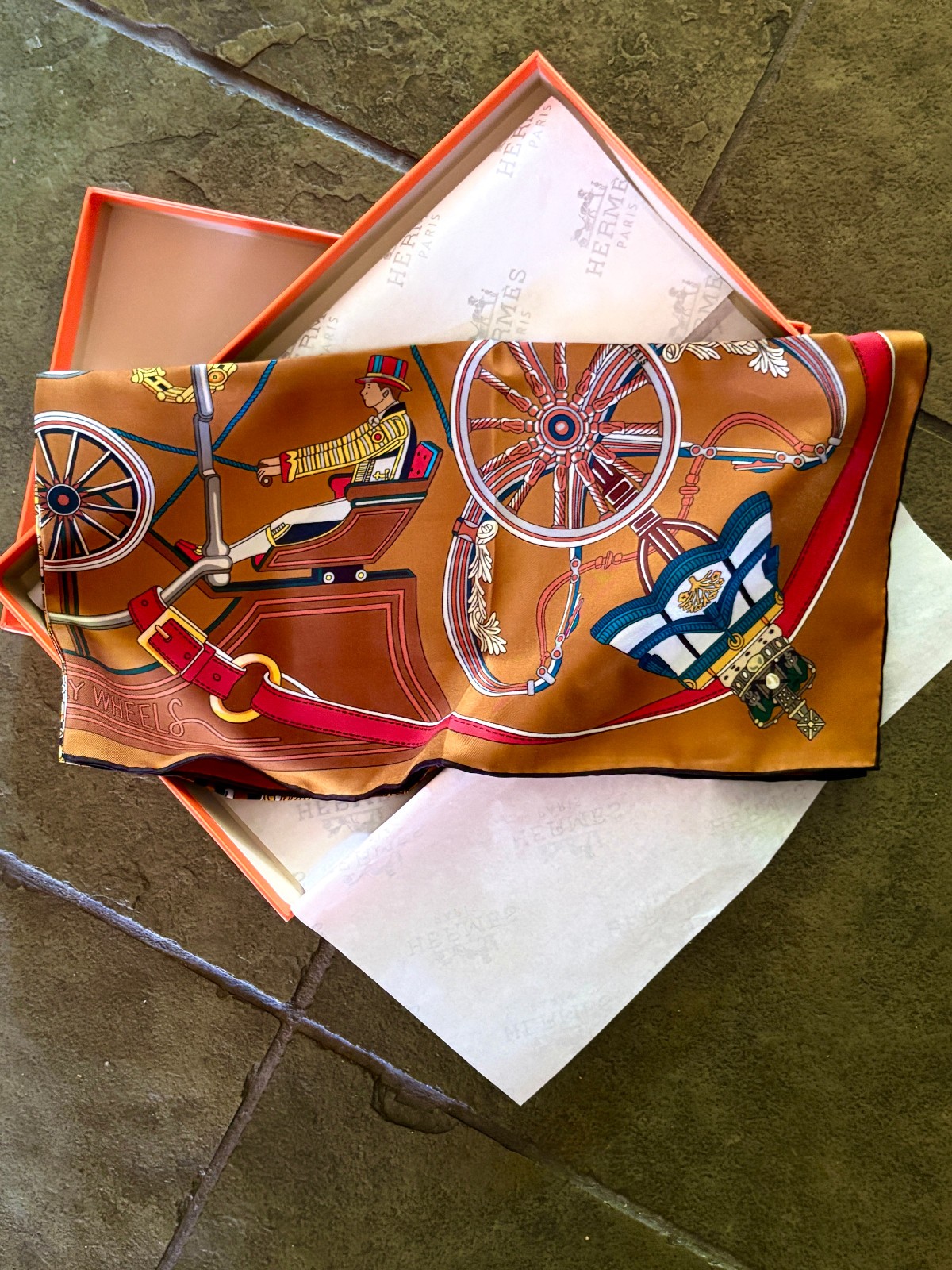 34″ Square Silk Hermes Scarf with original bag, gift box, tissue and ribbon