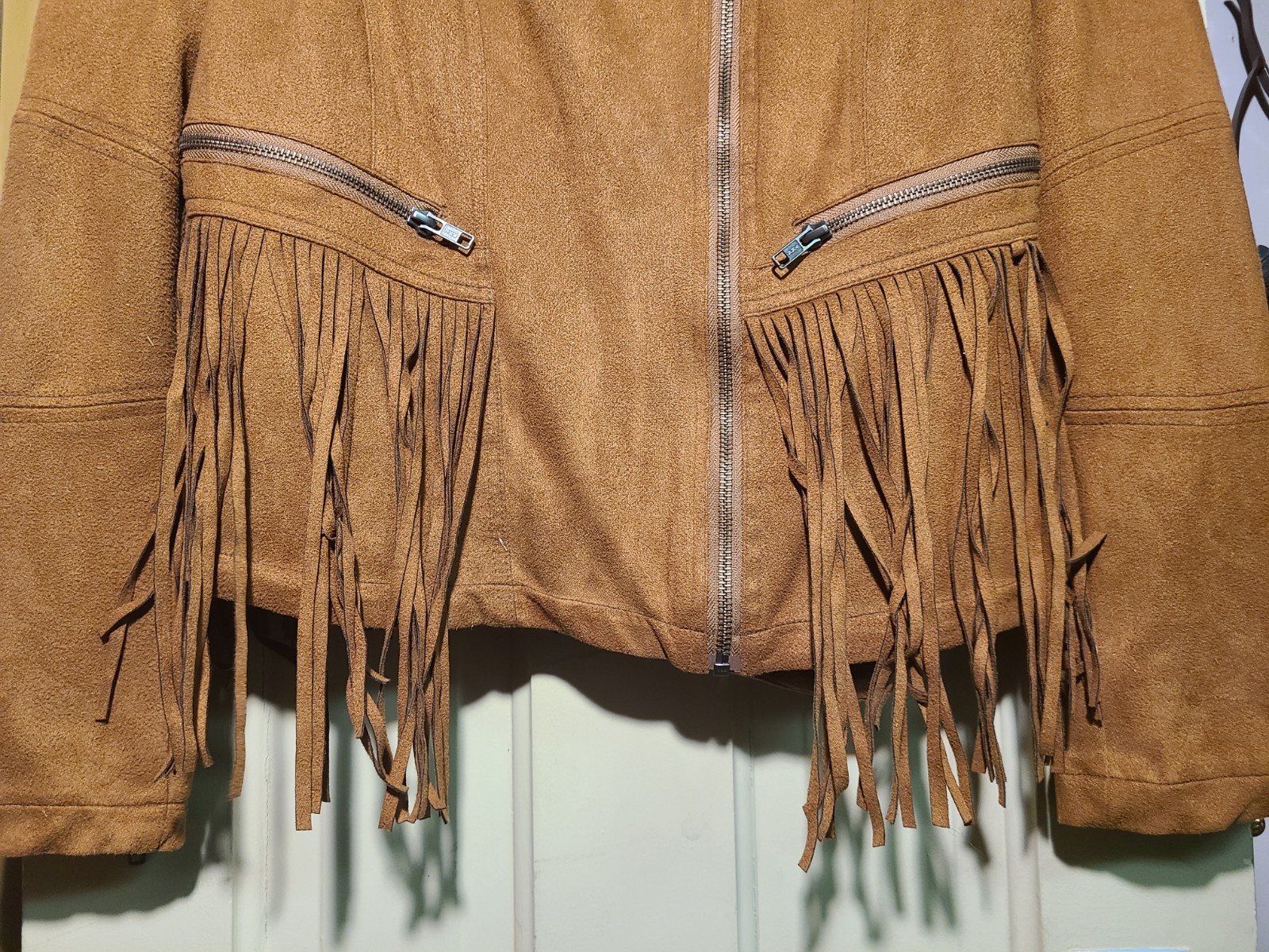 Womens Cripple Creek Genuine Suede Leather Zip Jacket With Fringe Front And Back