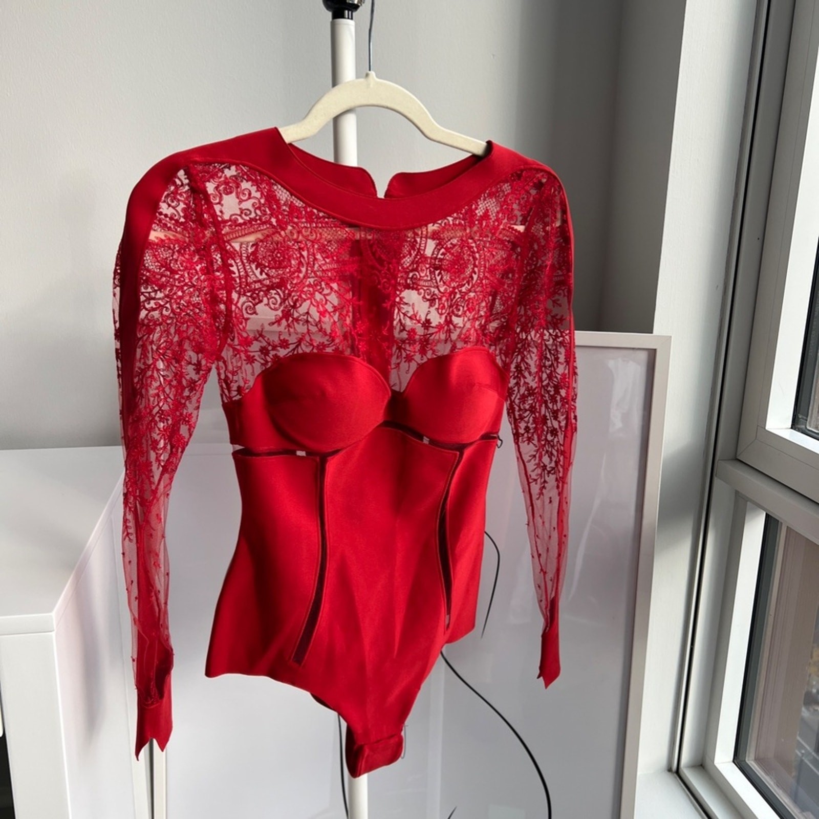 La Perla Black Label Ultra Rare Desire Neoprene Lace Zipper Bodysuit (Red)