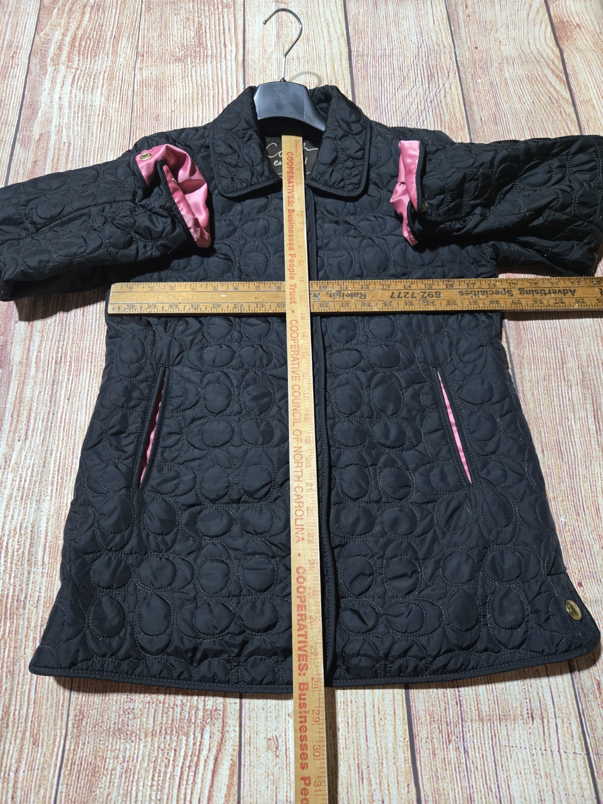 Coach Black & Pink Monogram C Logo Quilted Jacket Size XS Satin Pink Lining