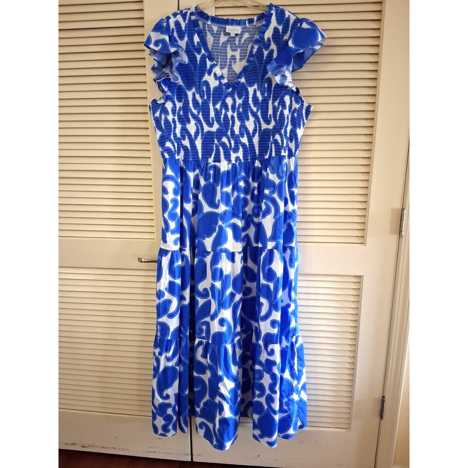 Sugarlips Maxi Dress 3X Blue White Cotton Smock Tiered Coastal Boho Euro Simmer