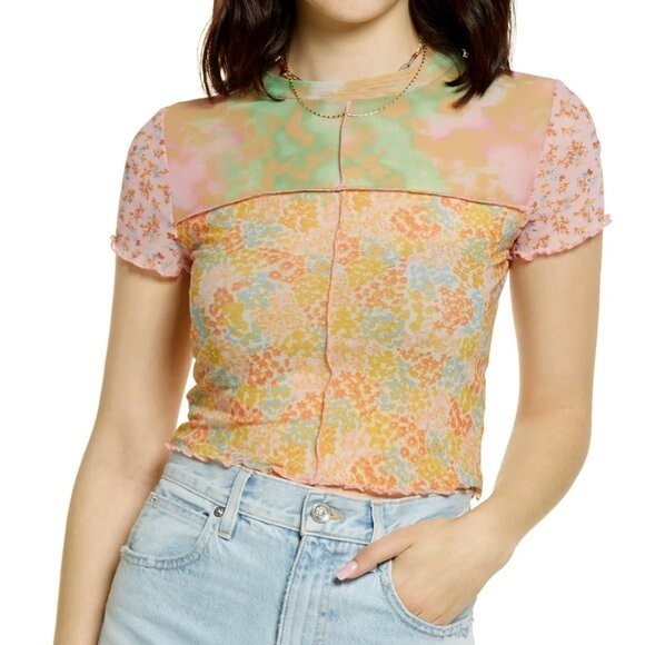 BP Floral Mesh Patchwork Baby Tee Y2K Fairy Sheer Pastel Crop Top XL NEW