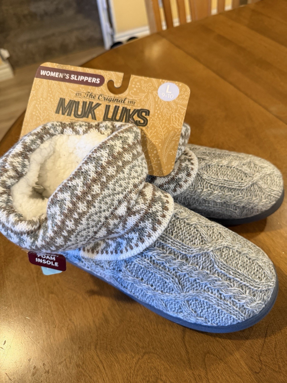 The Original MUK LUKS Bootie Slippers L Large 9-10 GRAY Knit, New with Tags