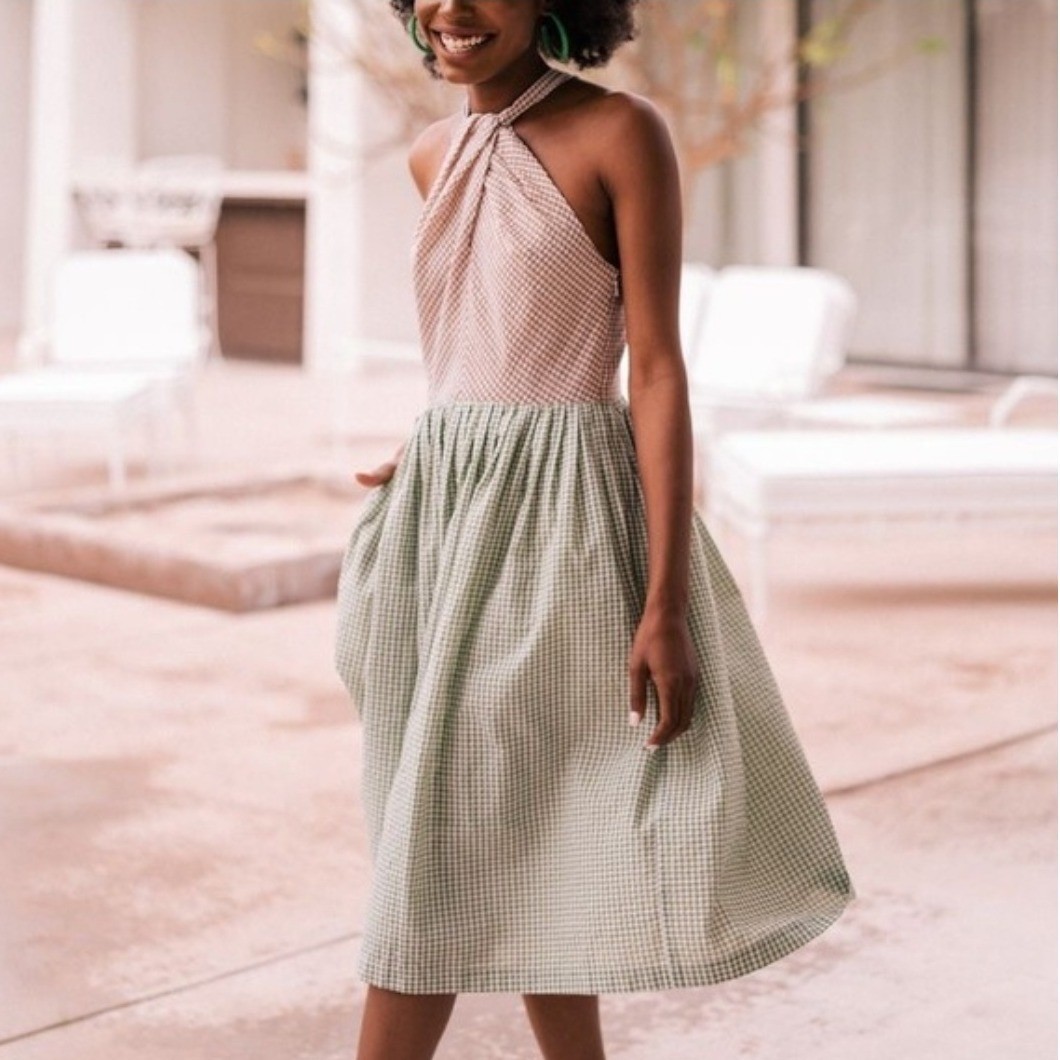 Gal Meets Glam Collection Gingham Halter Midi Dress Brown Green Size 0 Pockets