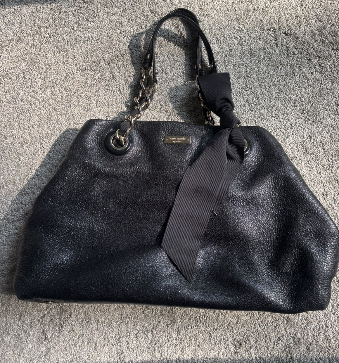 KATE SPADE Black Pebbled Leather Shoulder Bag w/Chain Strap & Black Bow