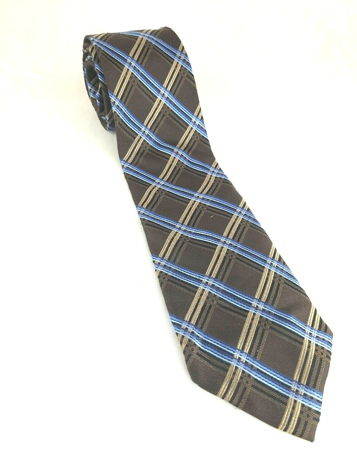PRONTO UOMO Couture Brown Blue Tan Geometric 100% Silk Necktie Tie 3 3/4″ X 60.5