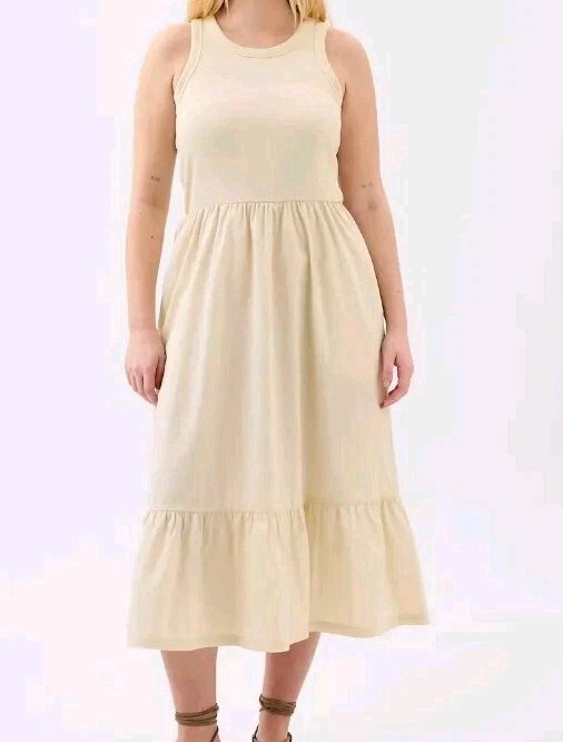 Gap Women’s Fit & Flare Midi Dress XXL Tan Cream Sleeveless Poplin Skirt ~ New