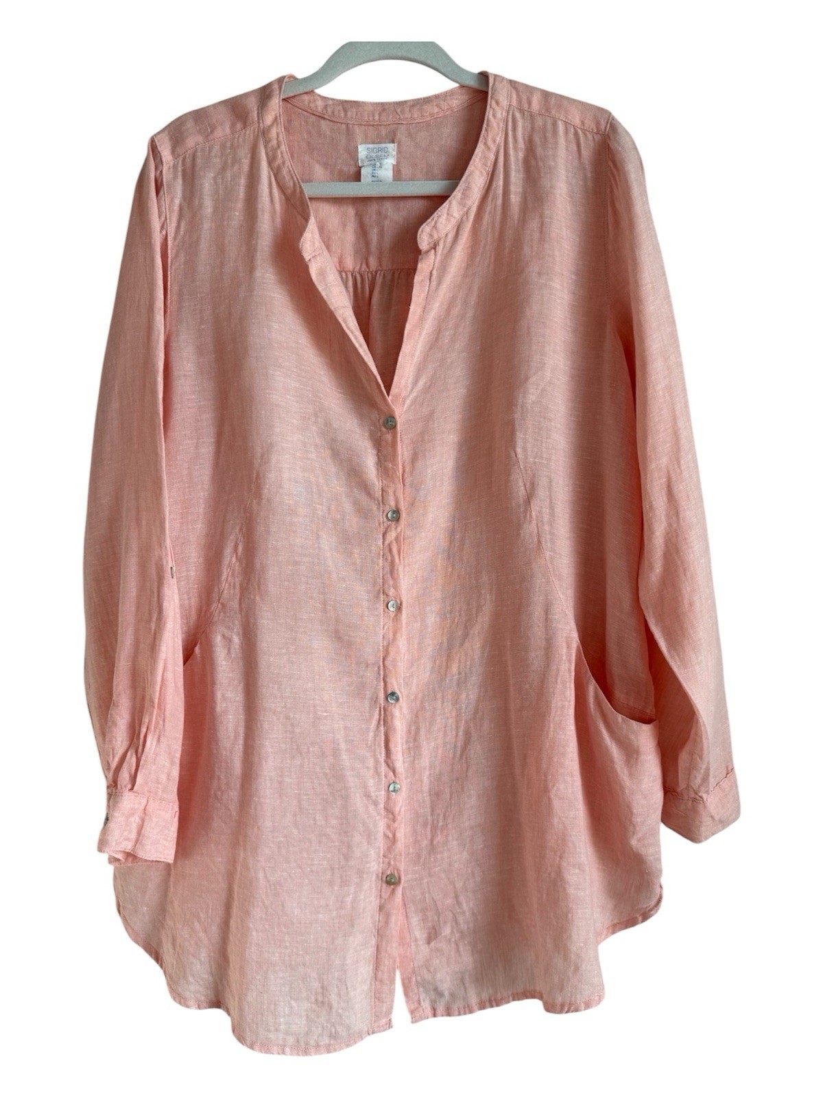 Sigrid Olsen Linen Tunic Blouse Peach Button Up Roll Tab Pockets Women’s Large