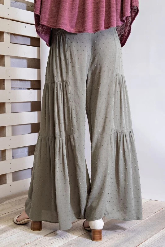 NWT S EASEL FADED OLIVE “ANY SEASON” SWISS DOT Tiered WIDE LEGS PANTS BHCS