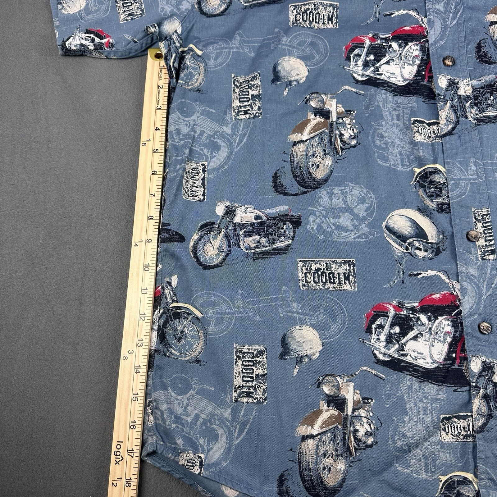 Redhead Motorcycle Camp Shirt Slate Blue Novelty Print Cotton Preowned