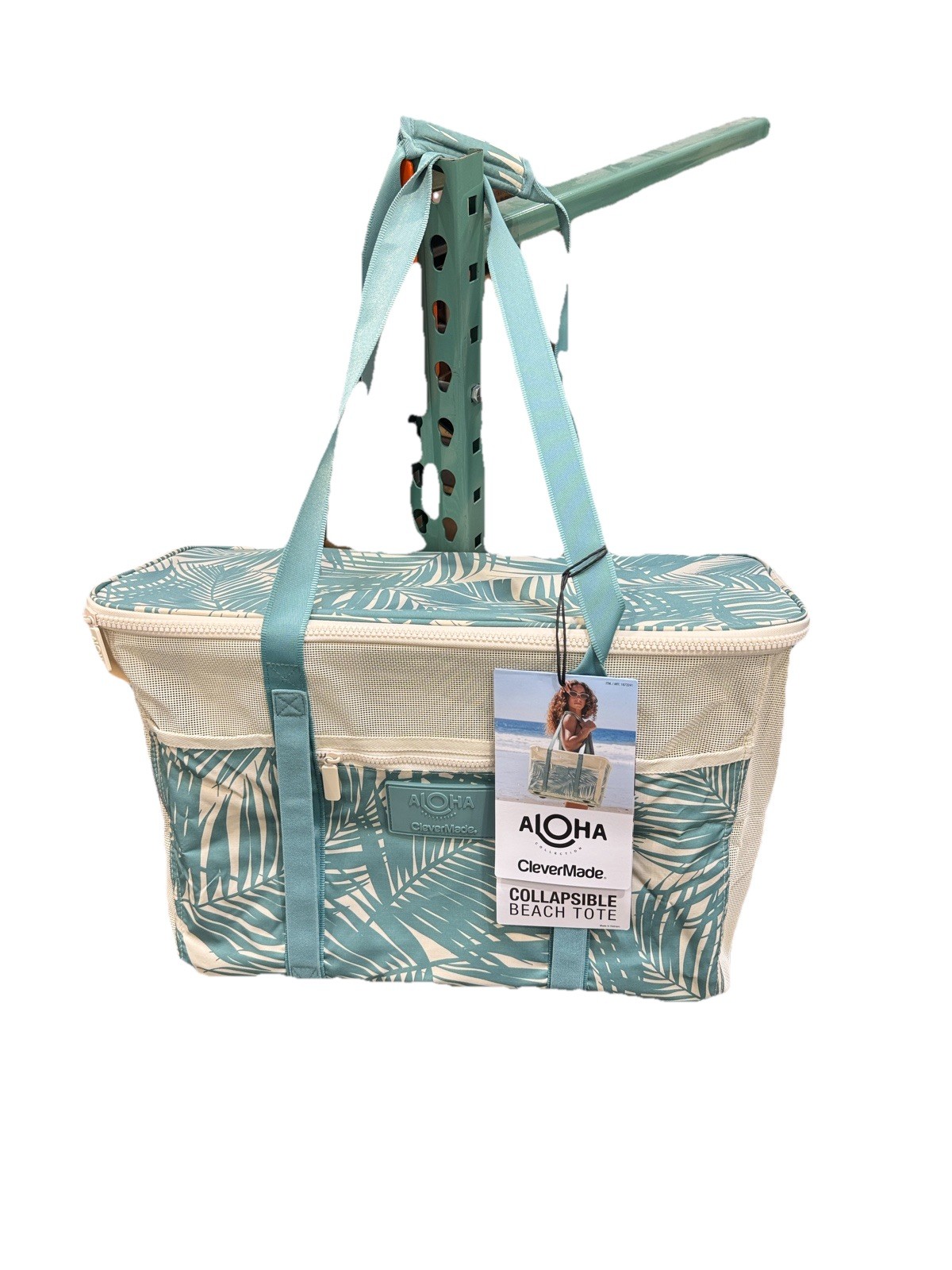 Aloha CleverMade Collapsible Beach Tote Bag Zip Top Tropical Print Green