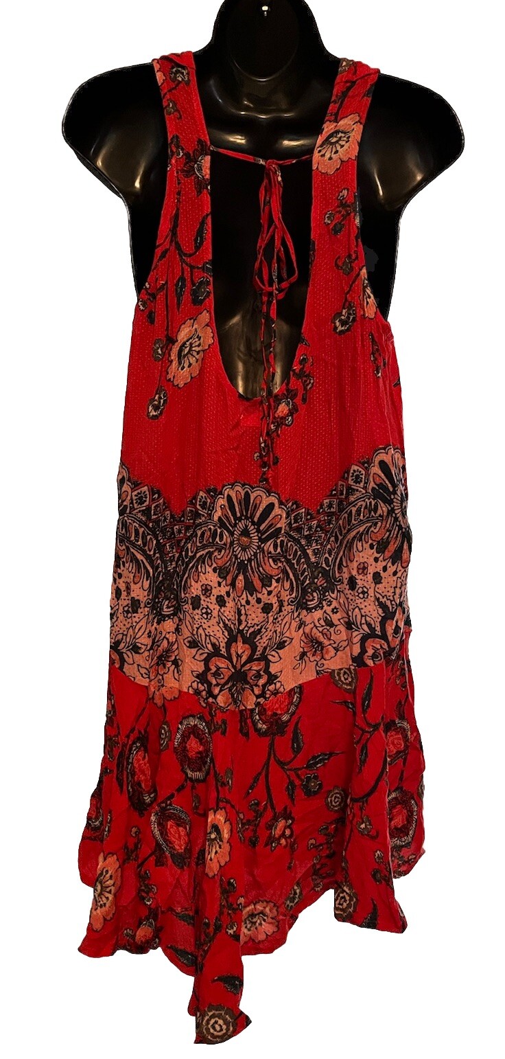 Free People Intimately Size S Womens Dobby Dot Flouncy Hem Dress Red Floral Boho