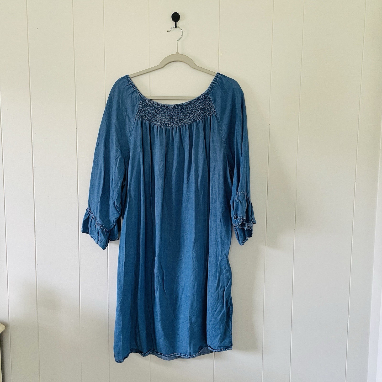 New Directions Blue Chambray Smocked Scoop Neck Shift Dress 3/4 Sleeve 3X
