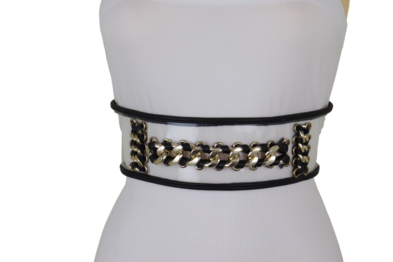 Women Black Elastic Wide Waistband Miami Beach Sexy Belt Gold Metal Chain XS S