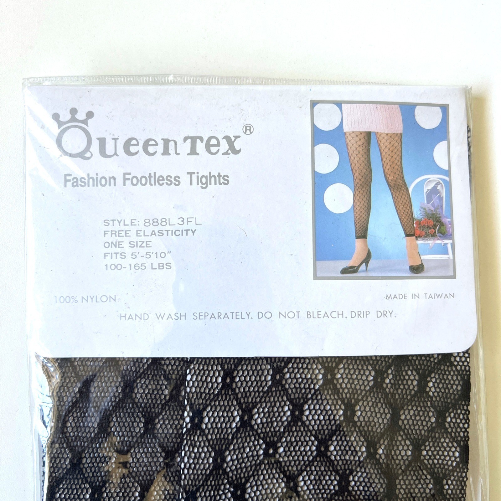 QueenTex Black Mesh Footless Tights One Size Nylon Taiwan NIP
