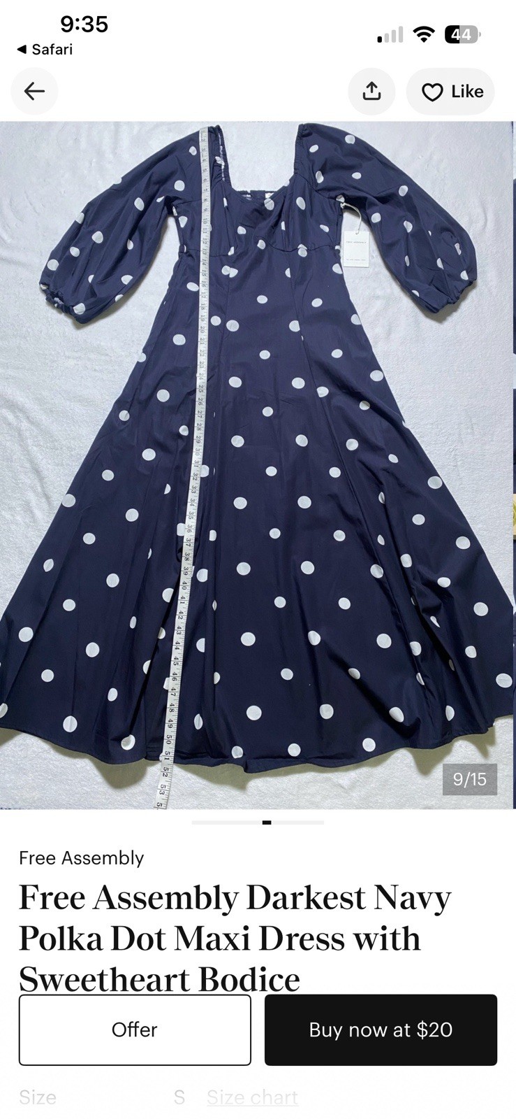 Free Assembly Navy Blue Polka Dot Midi Dress Sweetheart Puff Sleeve A-Line Sz L