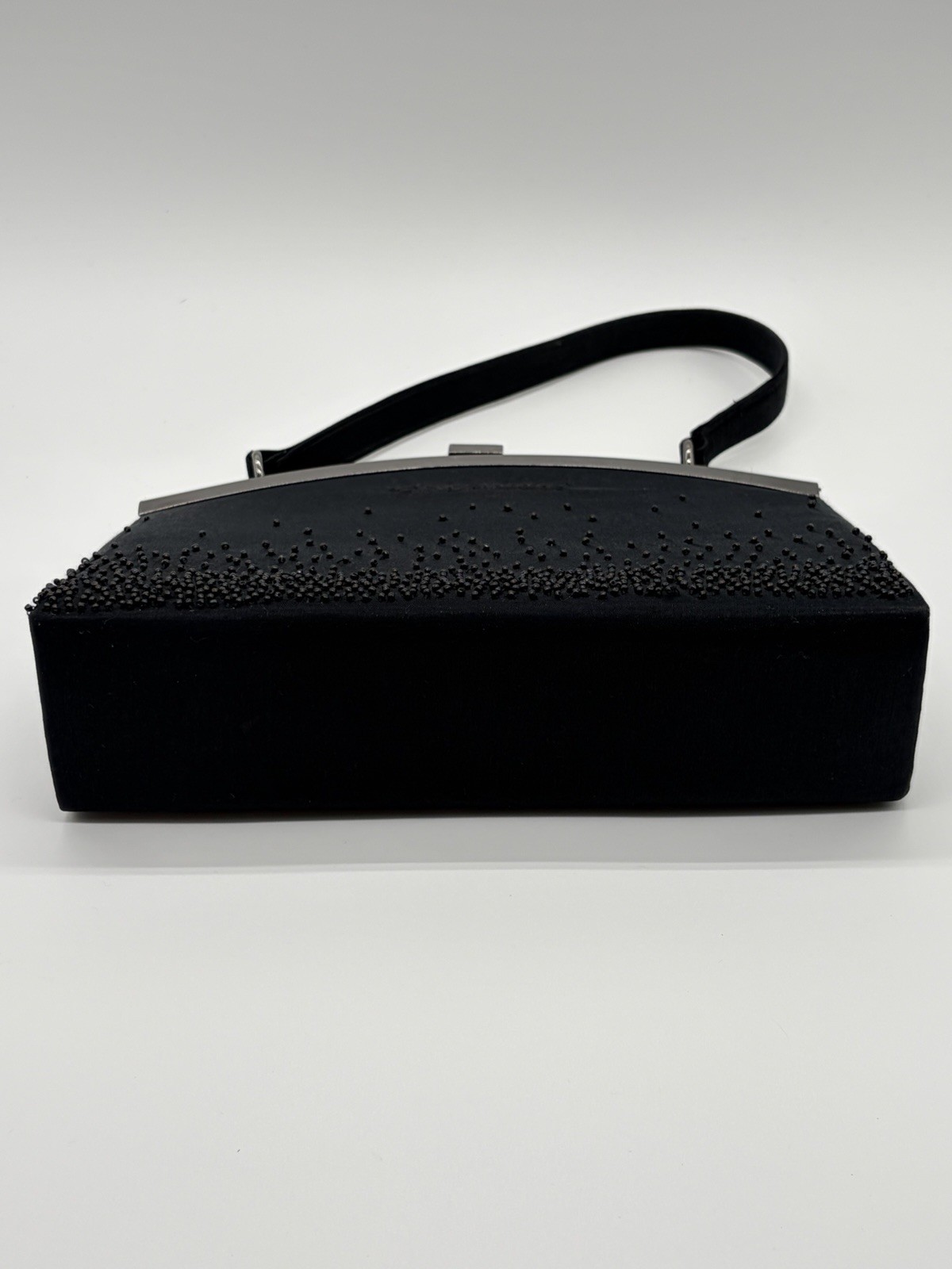 Fio Rucci Black Beaded Evening Bag Purse Silver Frame Top Handle Formal Clutch