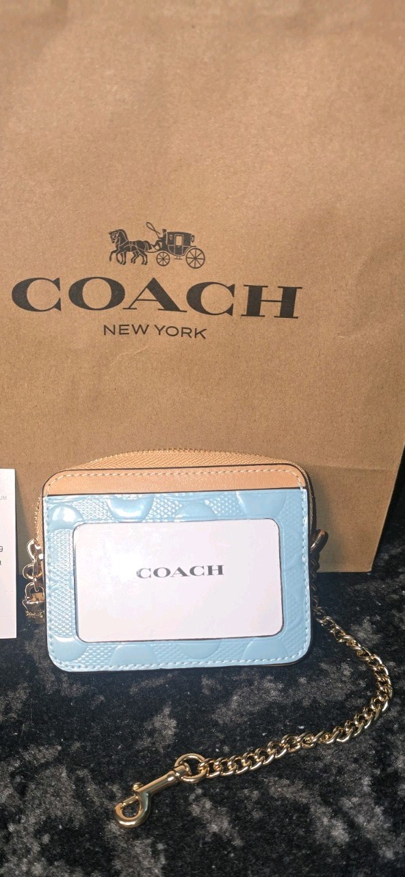 Coach Leather Logo Zip ID/Document Holder w/ Chain, Blue/Beige