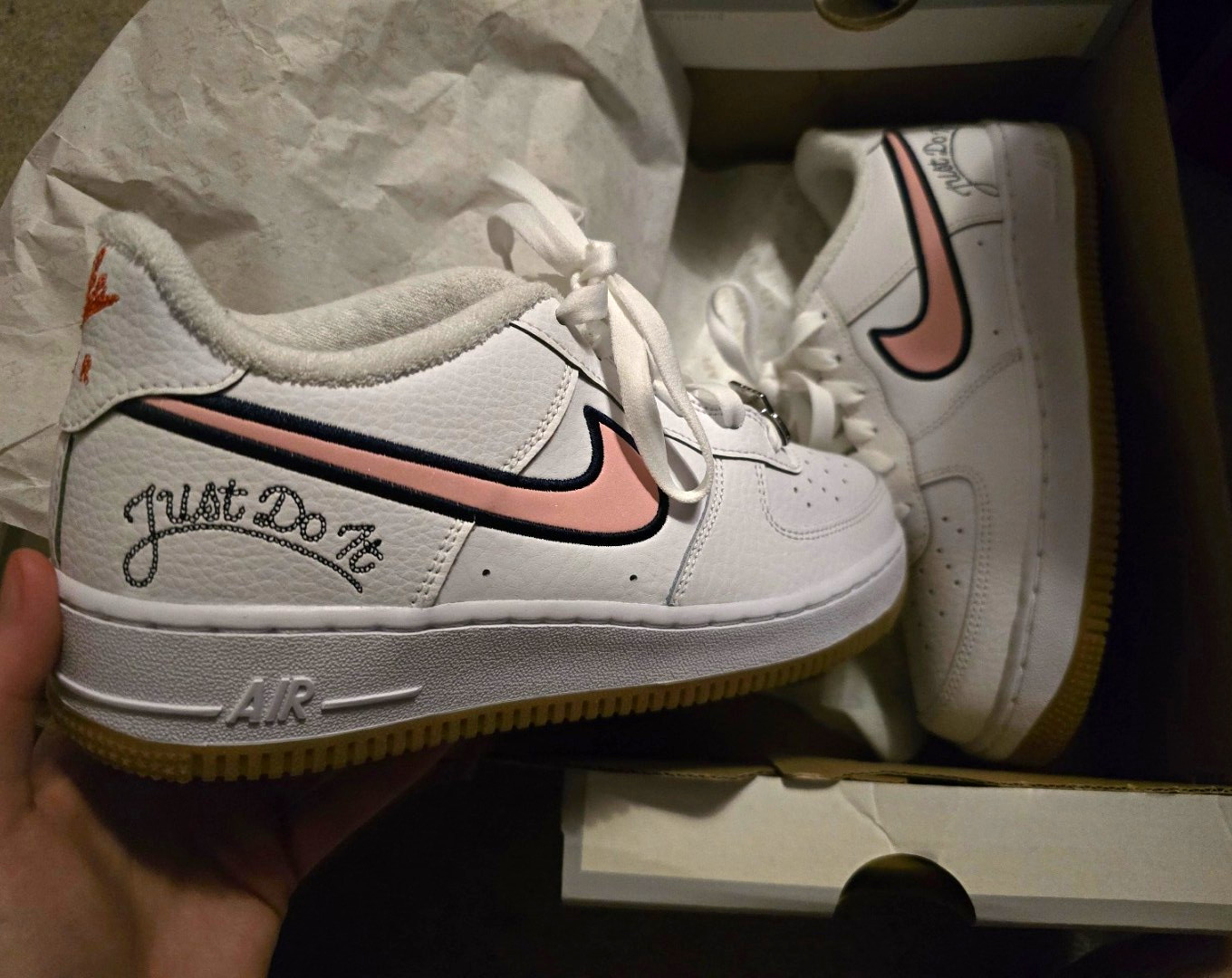 Nike Air Force 1 Grade School Low Top Lace-Up Sneakers White Pink Black Gum Sole