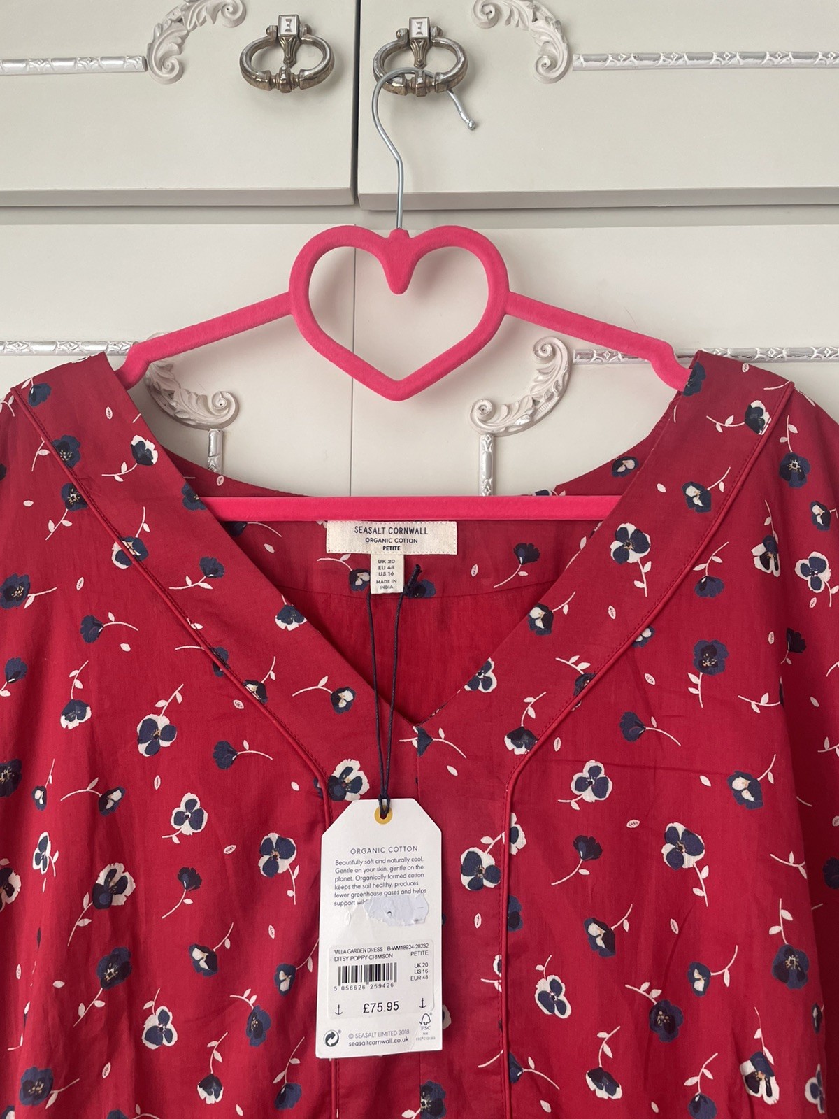 💝 Seasalt ” VILLA GARDEN ” Red 100% Cotton Short Sleeve Dress Size 20 NEW