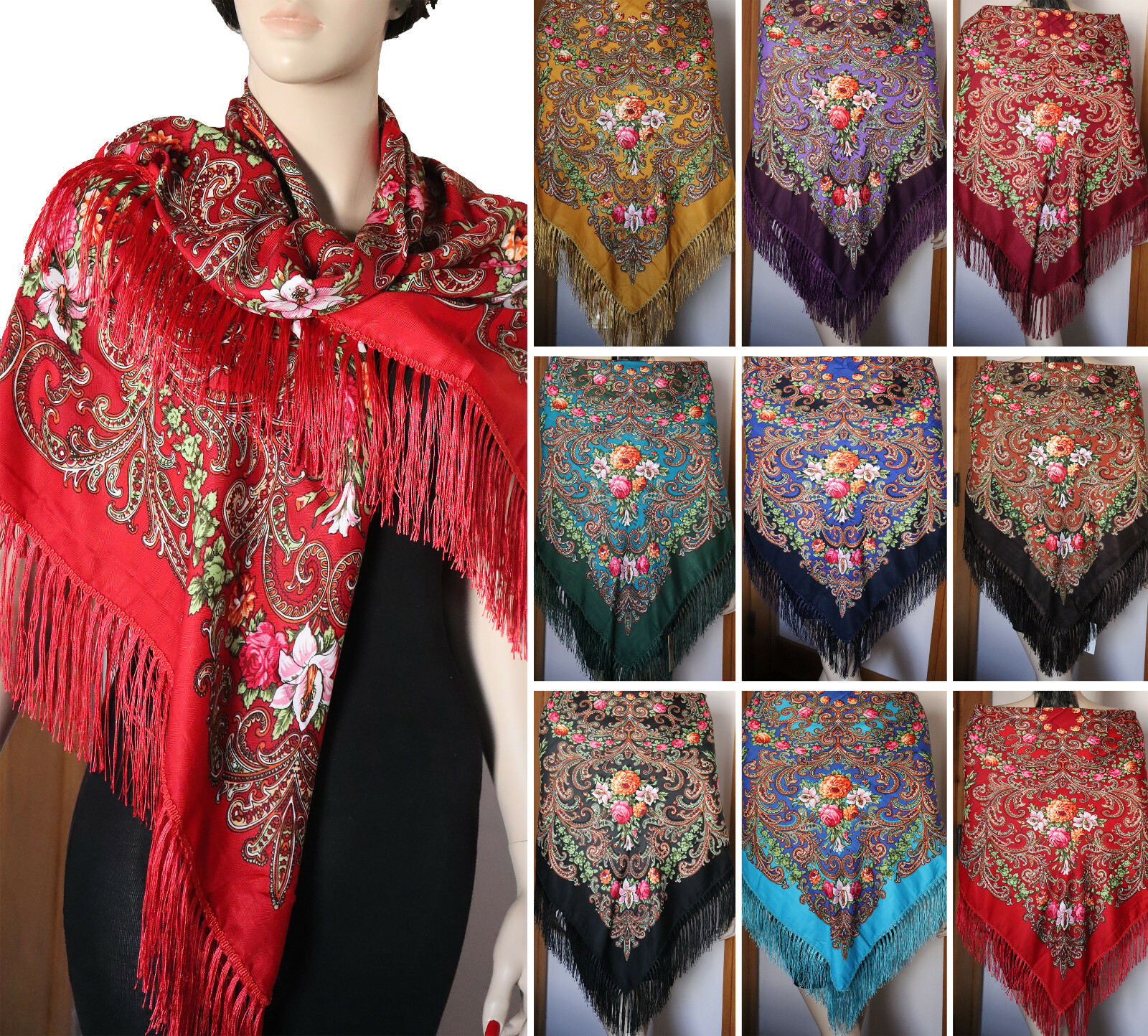 Babushka Ukrainian Polish Gypsy Shawl Floral 55″/140cm ,80% Wool Hustka #Peo120
