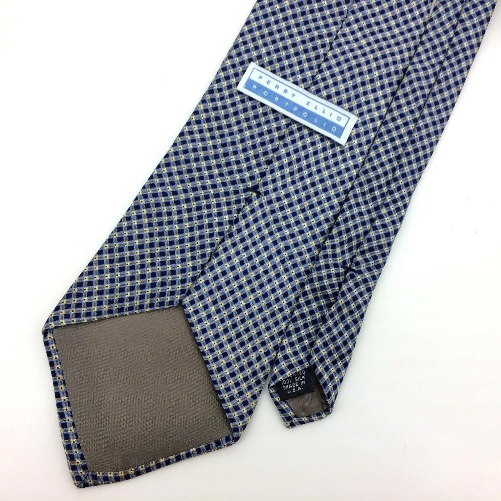 Perry Ellis Usa Tie Plaid Check Micro Dots Lattice Necktie Blue White#I24 Vtg