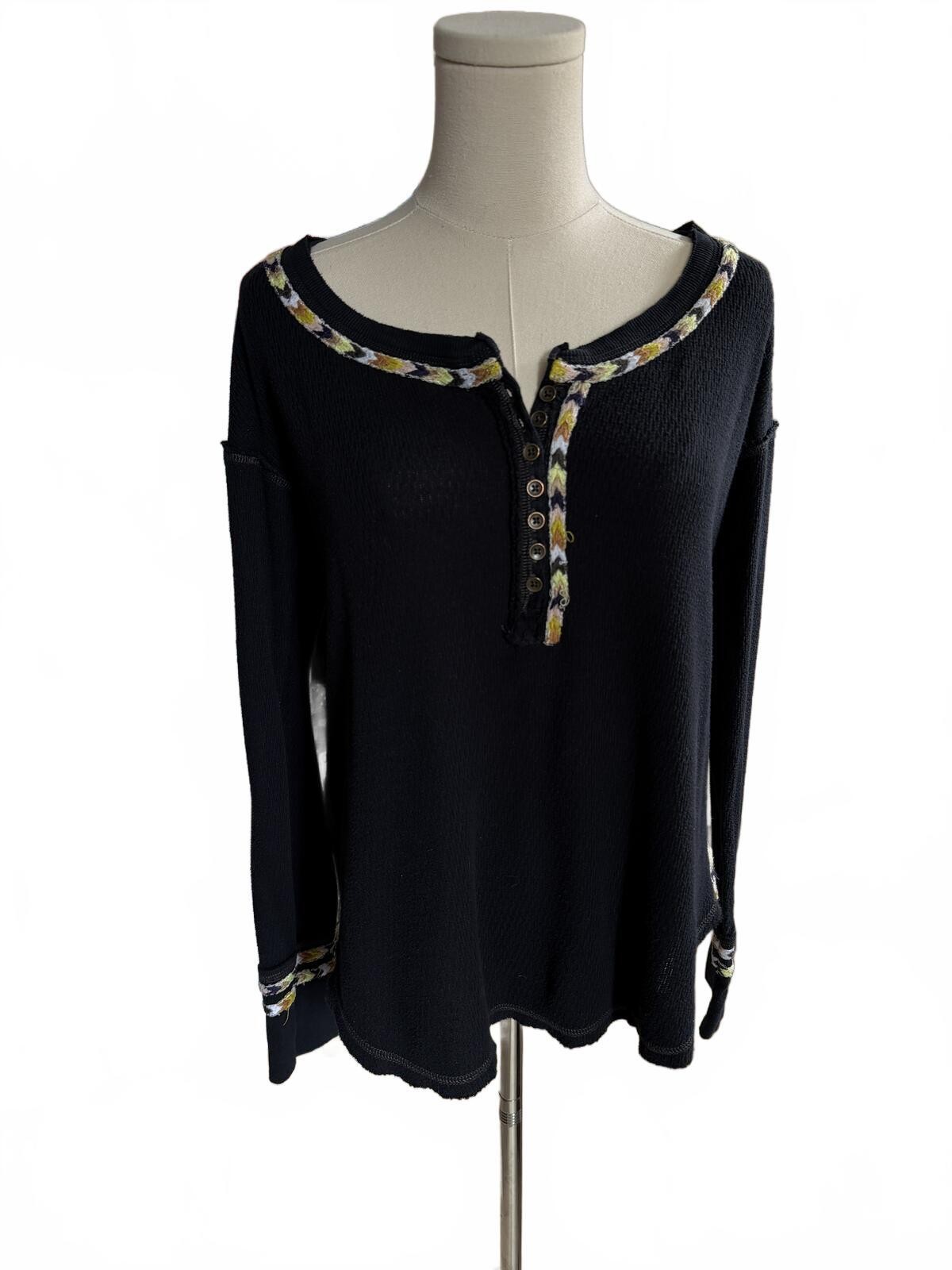 Free People We The Free Black Henley Tunic Top with Floral Trim