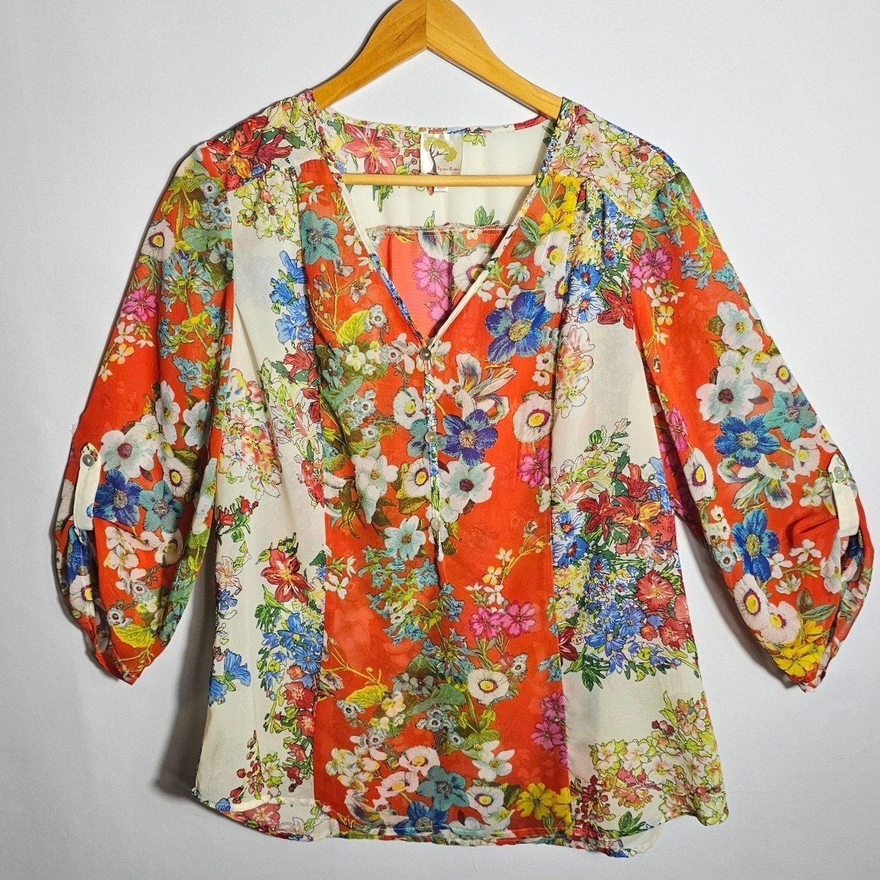 Fig & Flower V-Neck Floral Blouse Top Women Sz L 3/4 Sleeve Pleated