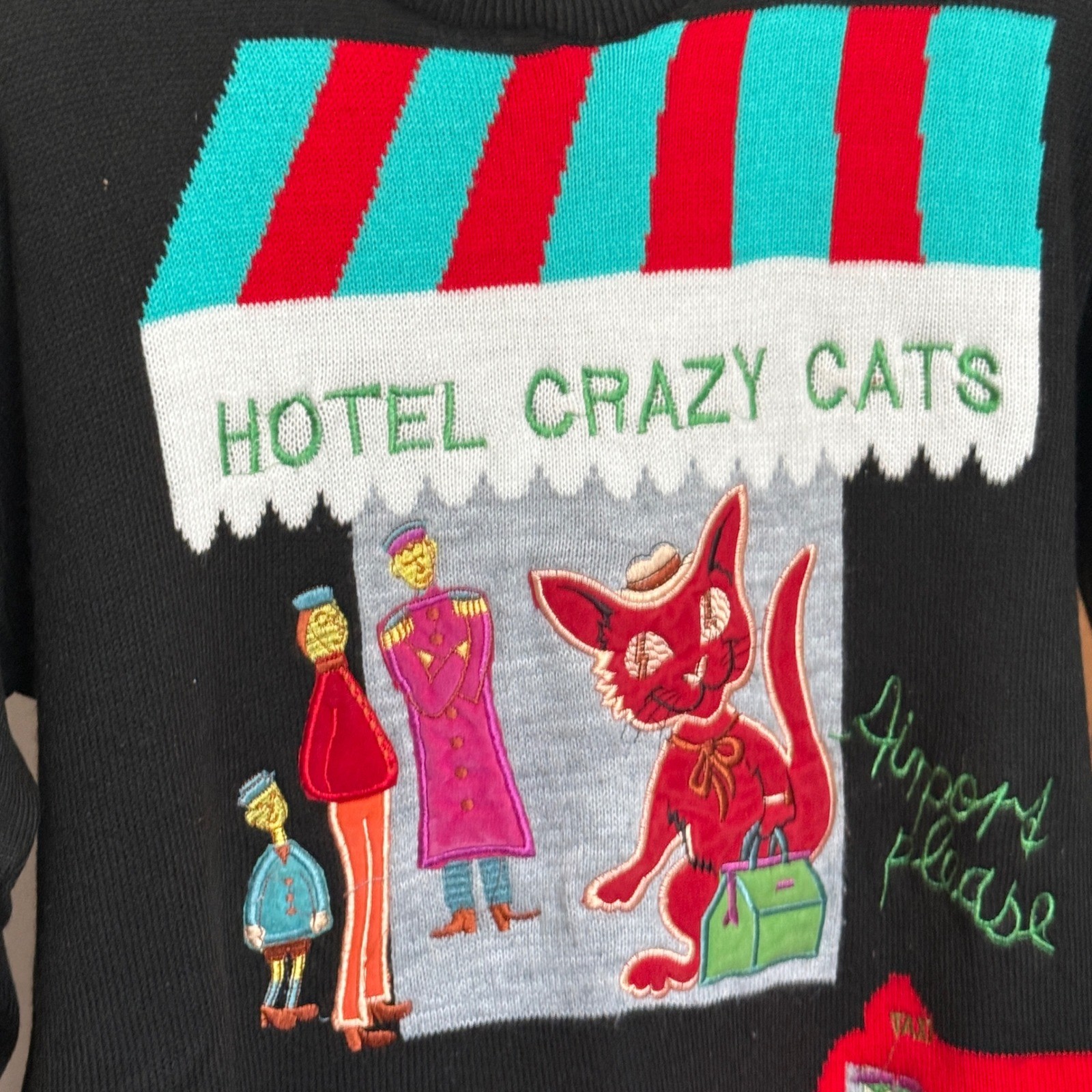 Jolie Moi Sweater Hotel Crazy Cats Vintage Novelty Black XL Excellent Graphic