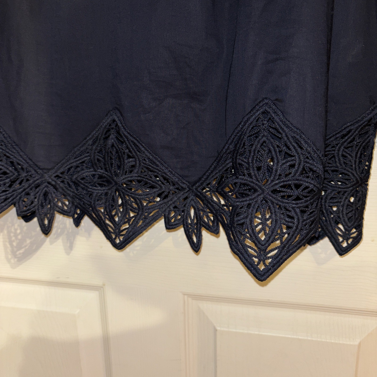 Chico’s Sz 3.5 = 18 Navy Blue Lace Trim Tunic Blouse Boho Top