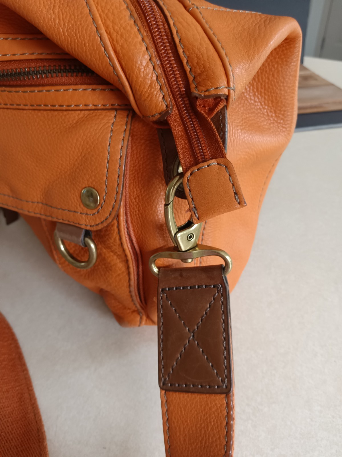 Fossil Crossbody Shoulder Bag Cognac Orange Leather Multi Pocket Brass