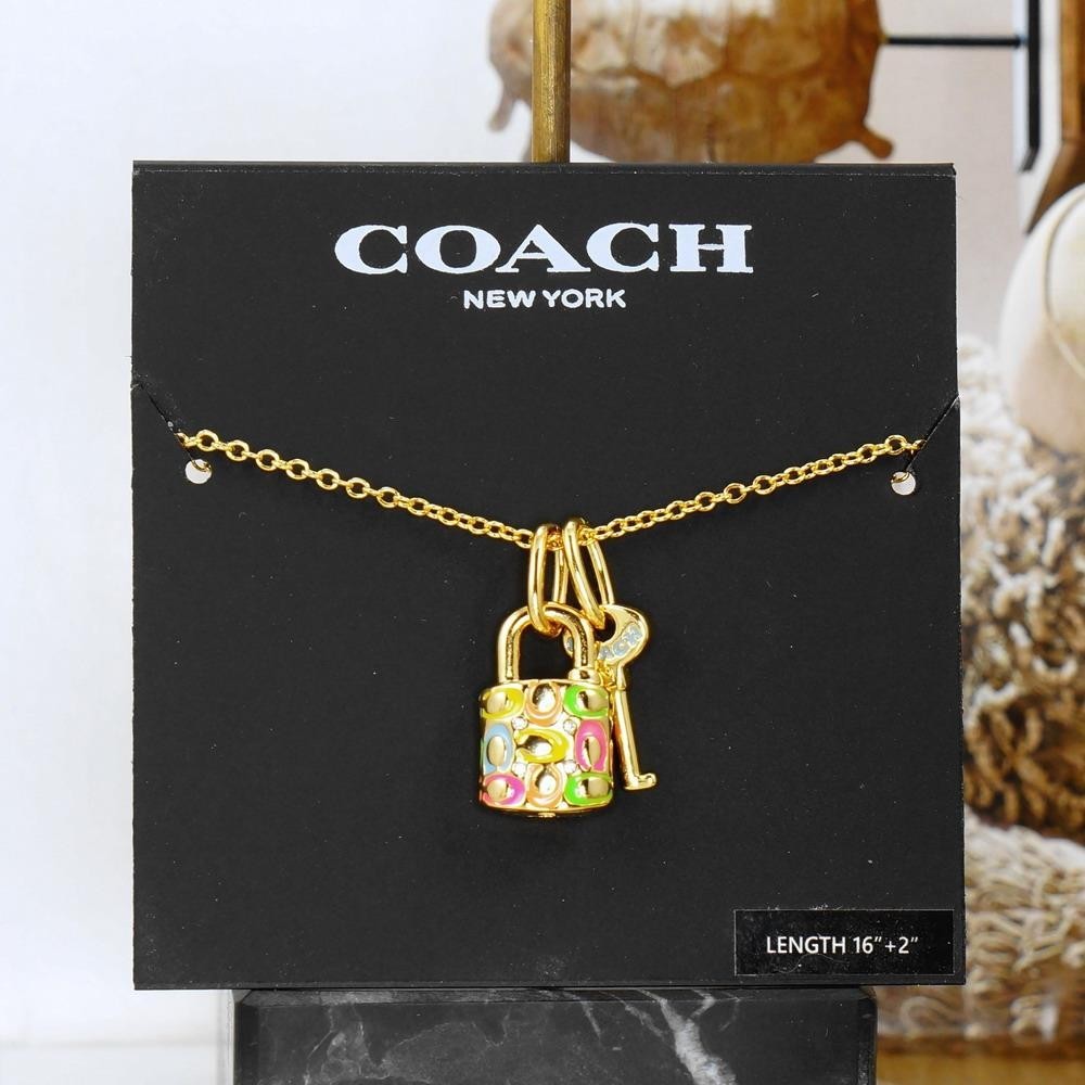 NWT Coach Signature Rainbow Padlock Lock Key Necklace Gold Tone