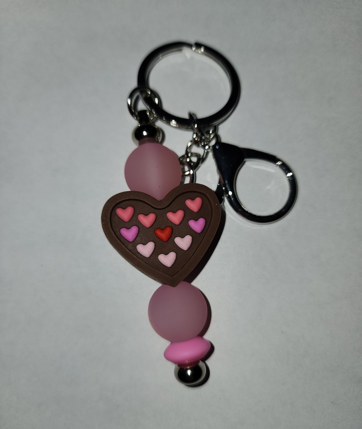 Pink Beaded Heart Keyring Keychain w/ Lobster Clasp, Metal & Silicone & Acrylic