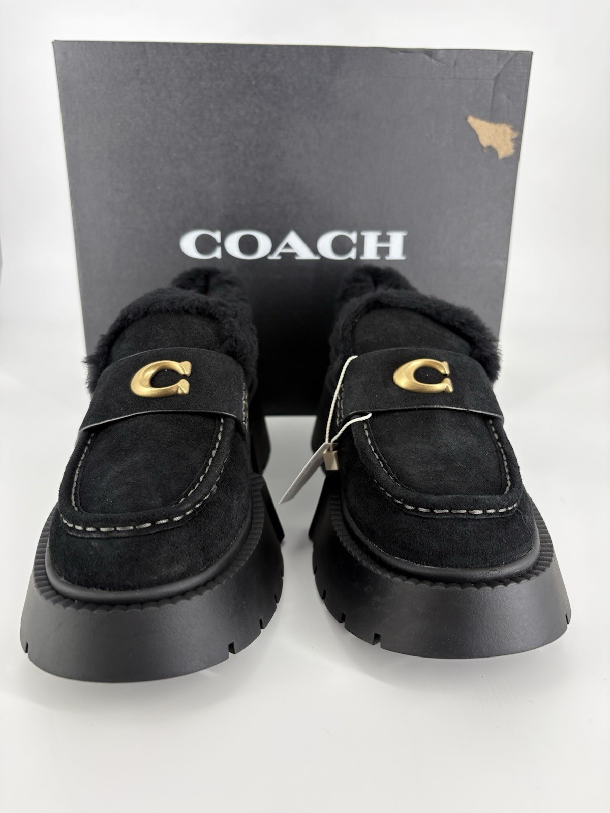 COACH Sz 7 Leah Loafers $250 Retail NWB Black Suede Shearling Logo