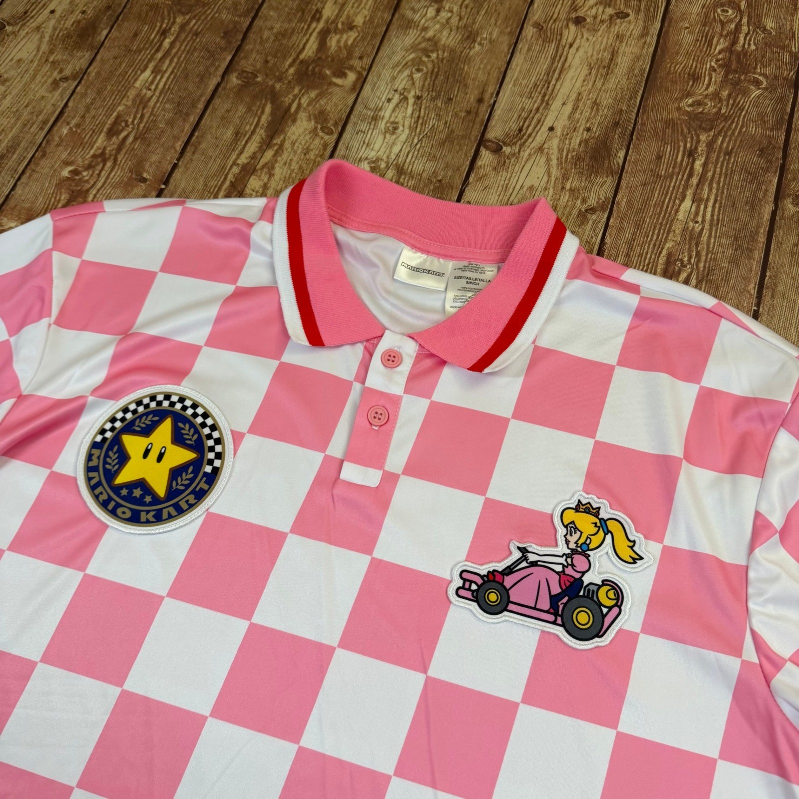 Nintendo Mario Kart Princess Peach Polo Shirt Mens Small Pink Checkered Patch