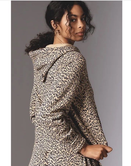 Anthropologie Daily Practice Hoodie Hooded Sweatshirt Leopard Print Brown XS NWT