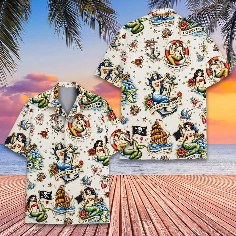 Pirate & Mermaids Pirate Nautical Tattoo Aloha Summer Hawaiian Shirt