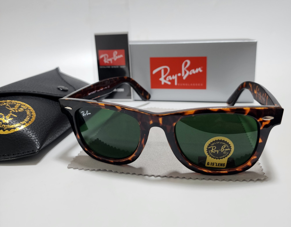 Ray-Ban Wayfarer RB2140 Sunglasses Glossy Black Frame Glass Green Lens 50mm