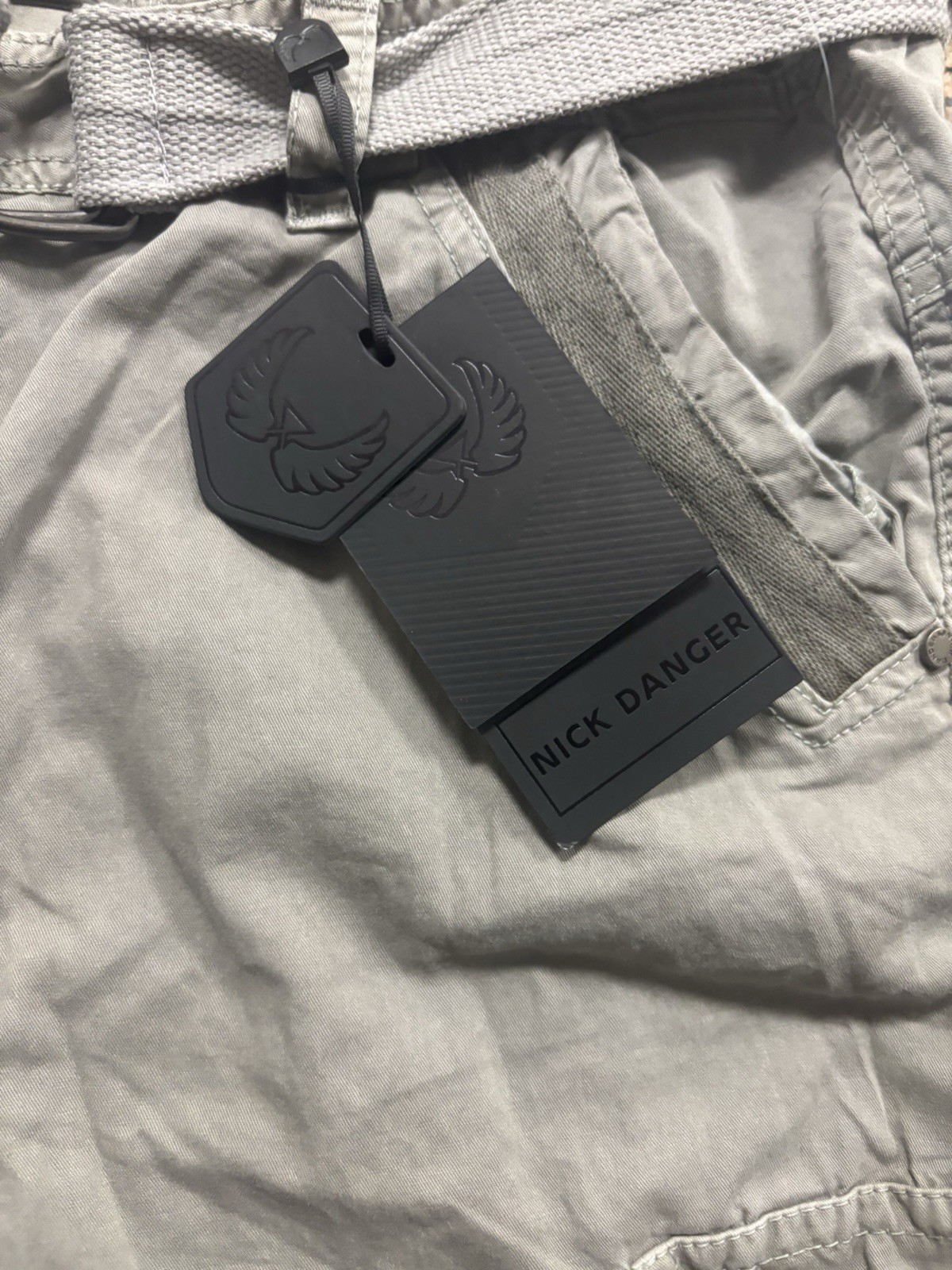 Nick Danger Men’s Light Grey Solid Cargo Shorts Belted Flat Front Buckle